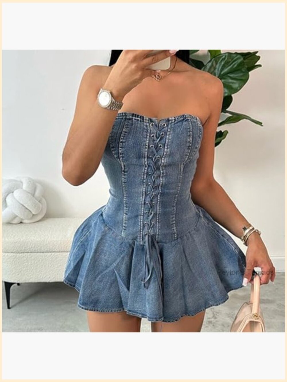Off Shoulder Lace-Up Denim Mini Dress Sleeveless - Picture 2 of 6